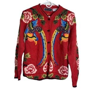 Caroline Faye Vibrant Red V-Neck Sweater with Artistic Bird Design